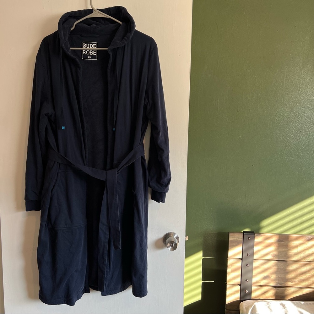 dude robe navy blue luxury hooded robe size XS